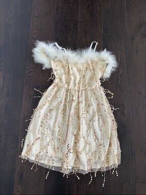 Ivory Sequin & Faux Fur Party Dress